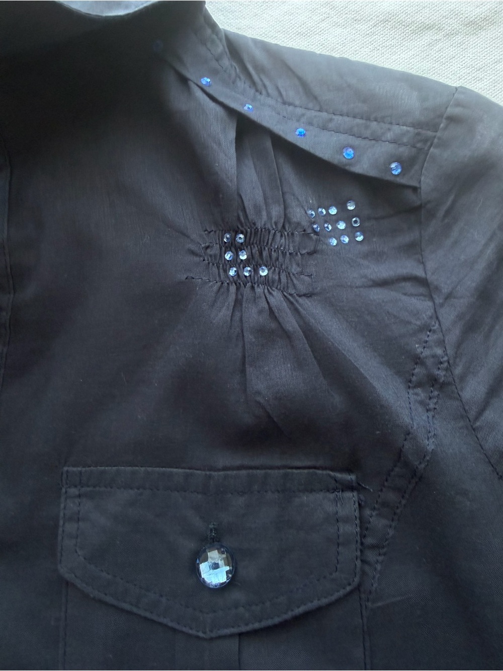 Lucy Paris Navy Rhinestone Ruched Button Up Shirt M Y2K - Picture 15 of 16